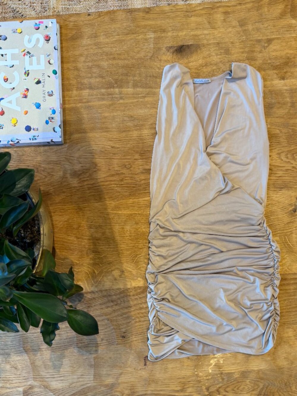 Beige Low-Cut Wrapped Ruched Dress